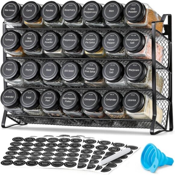 New Spice Rack Organizer for Cabinet 28 Spice Jars with Lids Labels & Funnel
